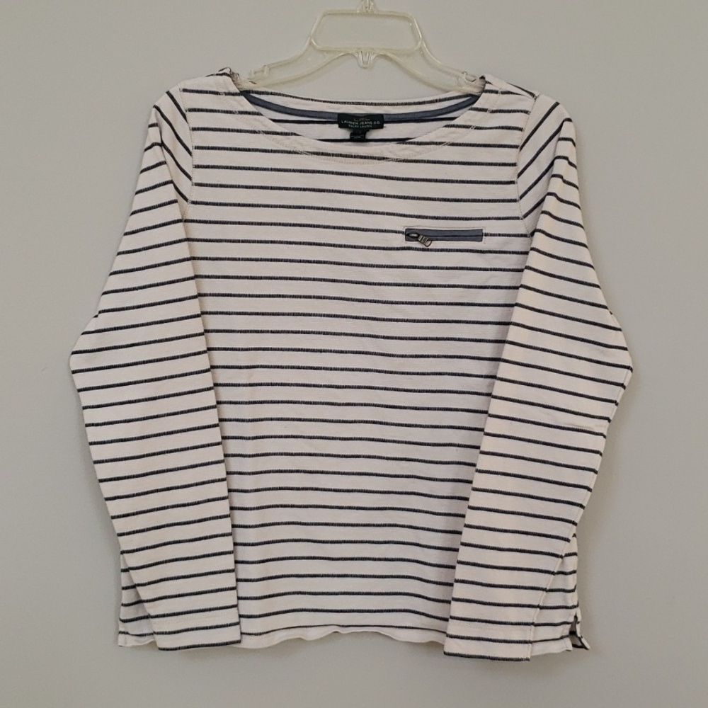 LRL Lauren Jeans Co Top Womens L Boat Neck Breton Stripe Denim Trim 100% Cotton